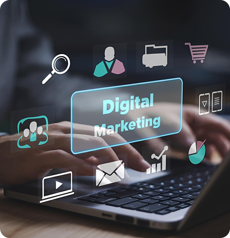 Digital marketing workspace with colorful app icons